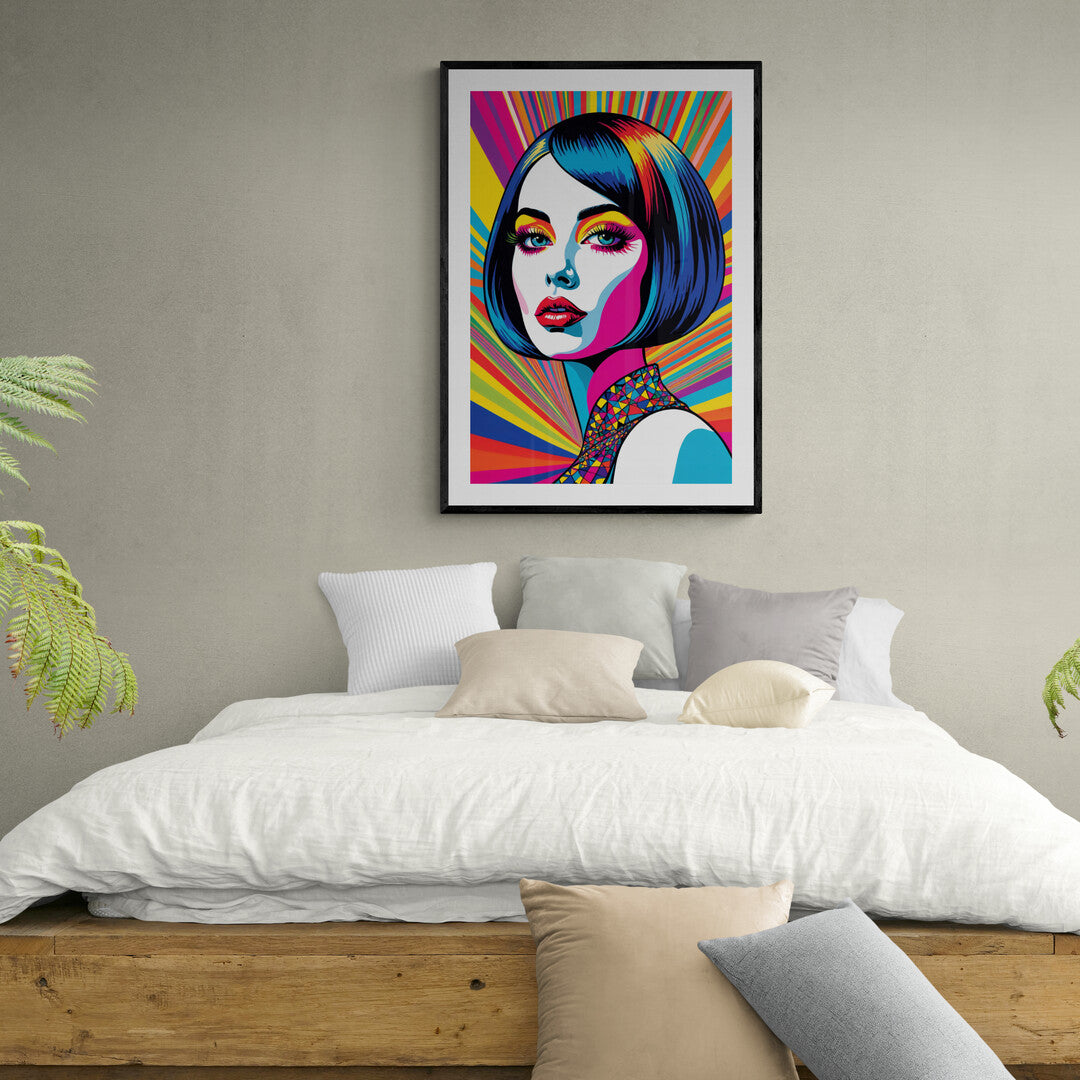 In a vibrant and eye-catching scene, the picture features a dainty vamp rendered in trippy pop art style. This artwork is a bold fusion of surrealism and retro aesthetics, creating a striking visual experience that captures the viewer's imagination.