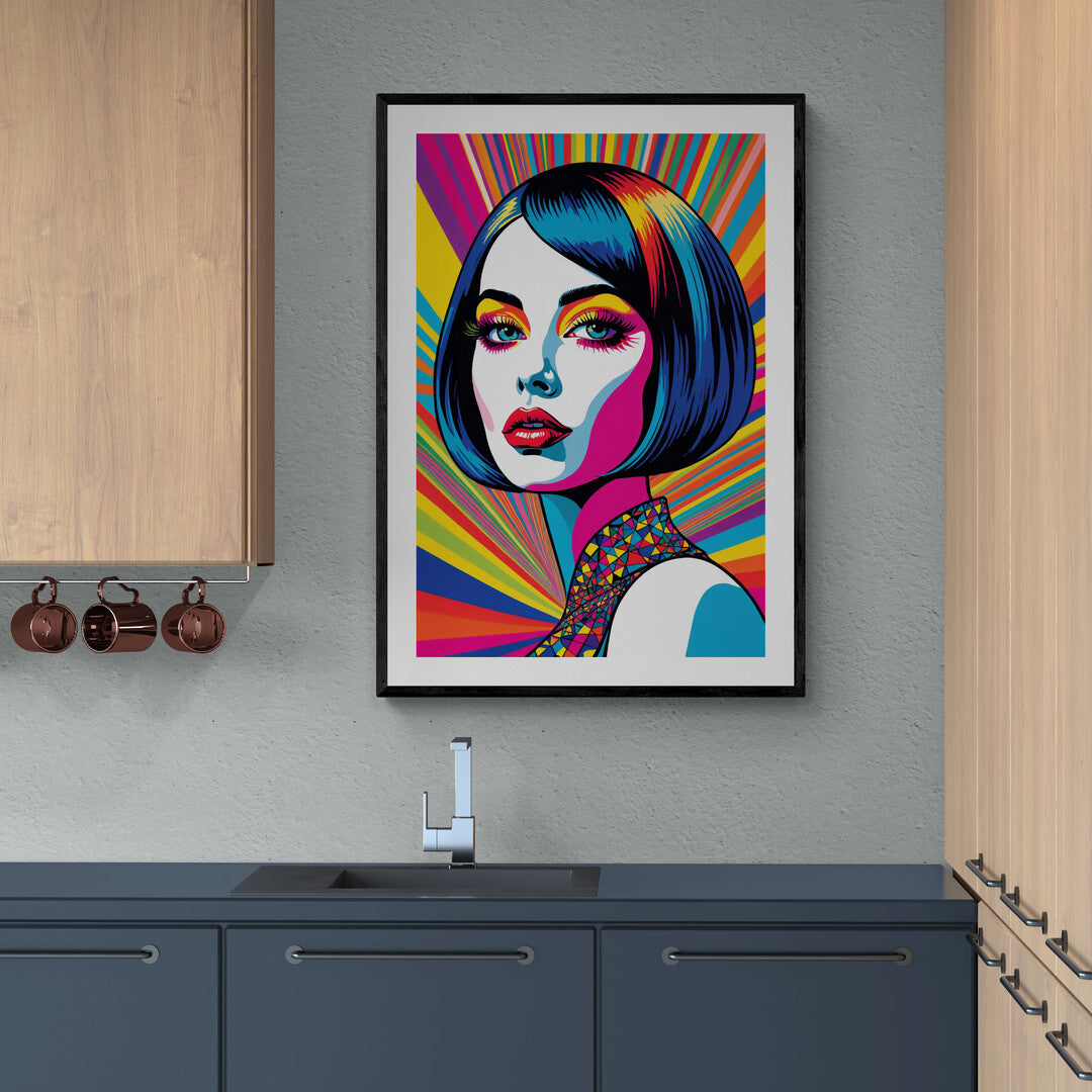 In a vibrant and eye-catching scene, the picture features a dainty vamp rendered in trippy pop art style. This artwork is a bold fusion of surrealism and retro aesthetics, creating a striking visual experience that captures the viewer's imagination.