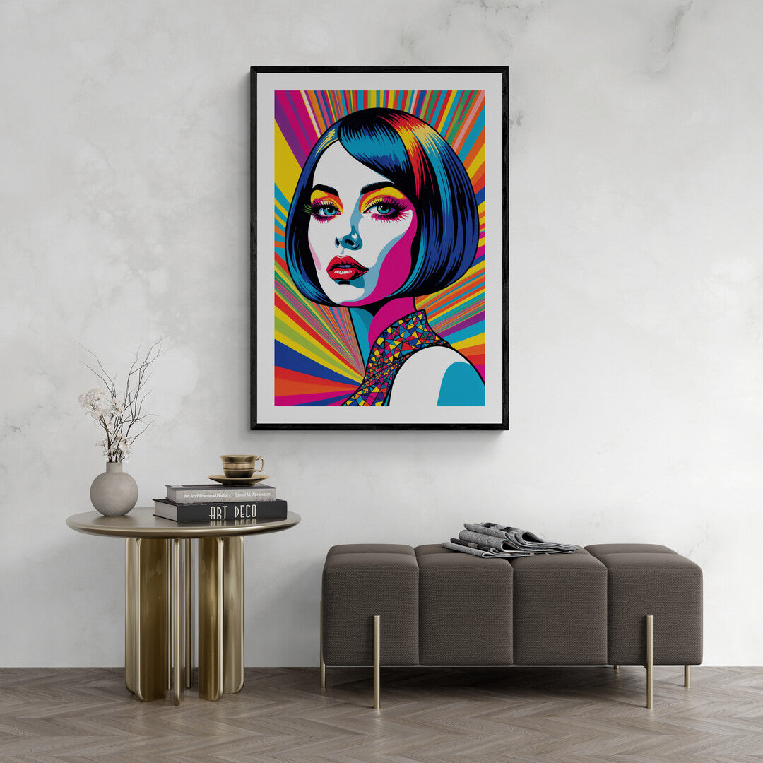 In a vibrant and eye-catching scene, the picture features a dainty vamp rendered in trippy pop art style. This artwork is a bold fusion of surrealism and retro aesthetics, creating a striking visual experience that captures the viewer's imagination.