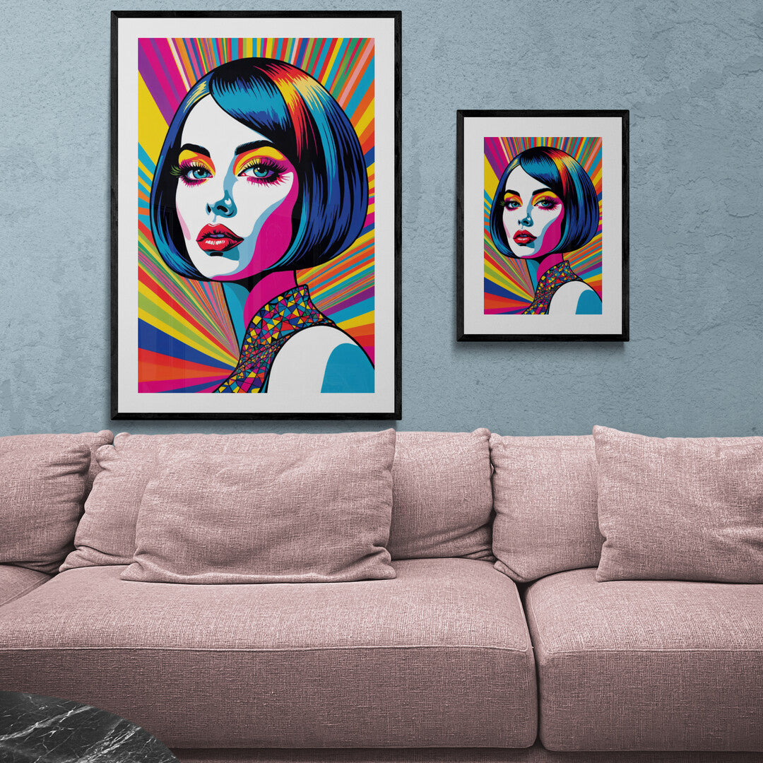 In a vibrant and eye-catching scene, the picture features a dainty vamp rendered in trippy pop art style. This artwork is a bold fusion of surrealism and retro aesthetics, creating a striking visual experience that captures the viewer's imagination.