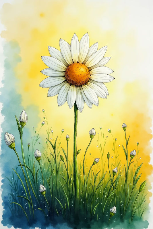 A stunning art print of a daisy bathed in golden sunrise light, perfect for wall art and home decor