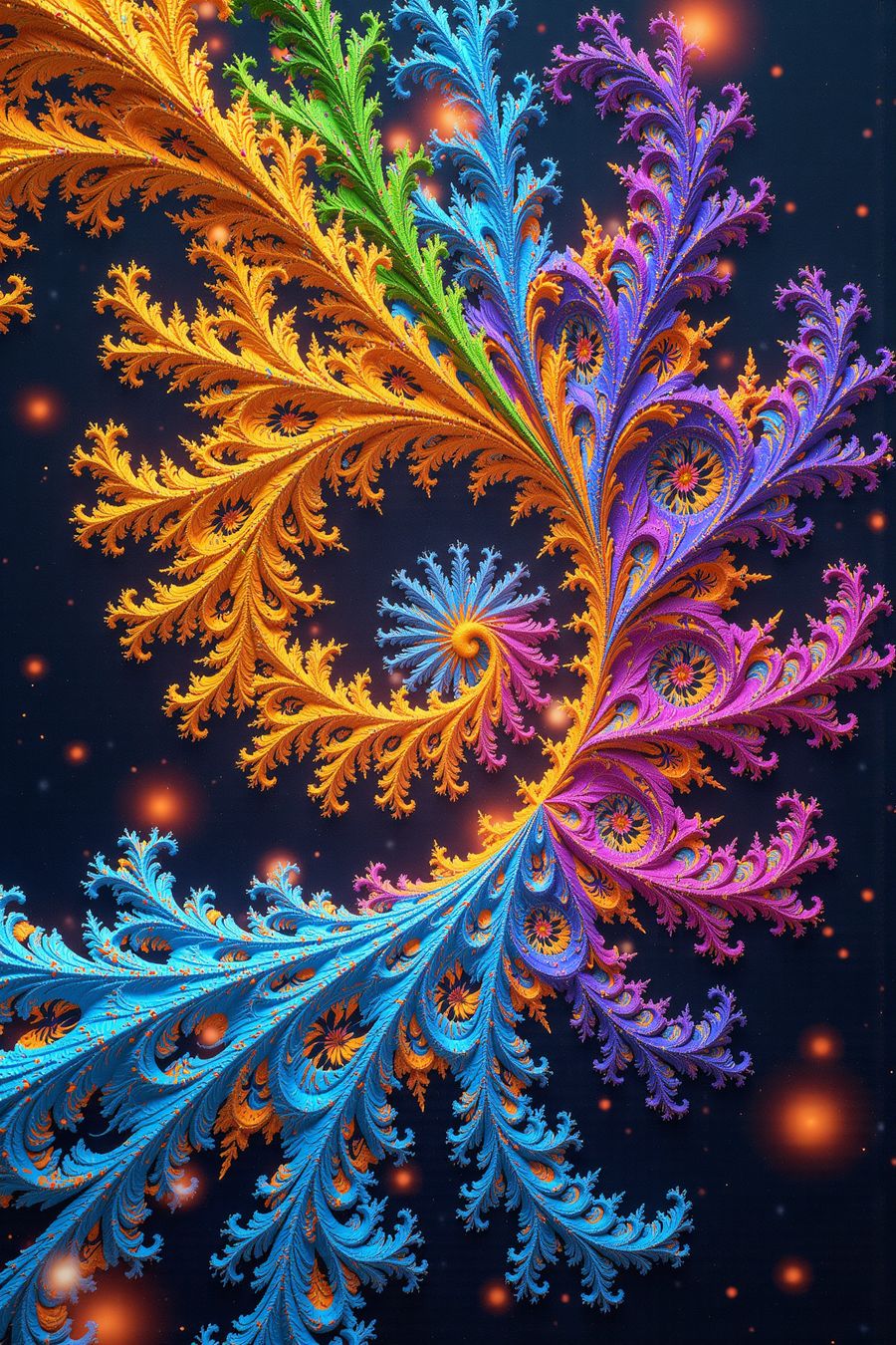 The image displays a vibrant fractal pattern that resembles a branching structure with feather-like details. The colors transition smoothly from warm oranges and yellows at the top, through greens and into cool blues and purples towards the bottom. The background is dark with small, glowing particles that could be interpreted as stars or fireflies, adding to the overall mystical and cosmic feel of the image. This fractal is interesting due to its complex, infinite pattern which is self-similar across differ