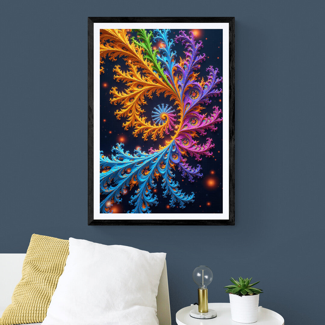 The image displays a vibrant fractal pattern that resembles a branching structure with feather-like details. The colors transition smoothly from warm oranges and yellows at the top, through greens and into cool blues and purples towards the bottom. The background is dark with small, glowing particles that could be interpreted as stars or fireflies, adding to the overall mystical and cosmic feel of the image. This fractal is interesting due to its complex, infinite pattern which is self-similar across differ