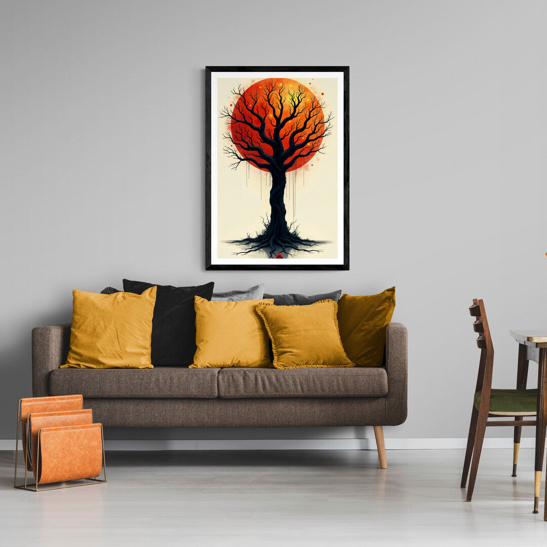 The image depicts a striking, dark, leafless tree with gnarled, twisted branches extending outward against a large, vivid, red-orange sun that dominates the background. The contrast between the black tree and the fiery sun creates a stark and haunting atmosphere.