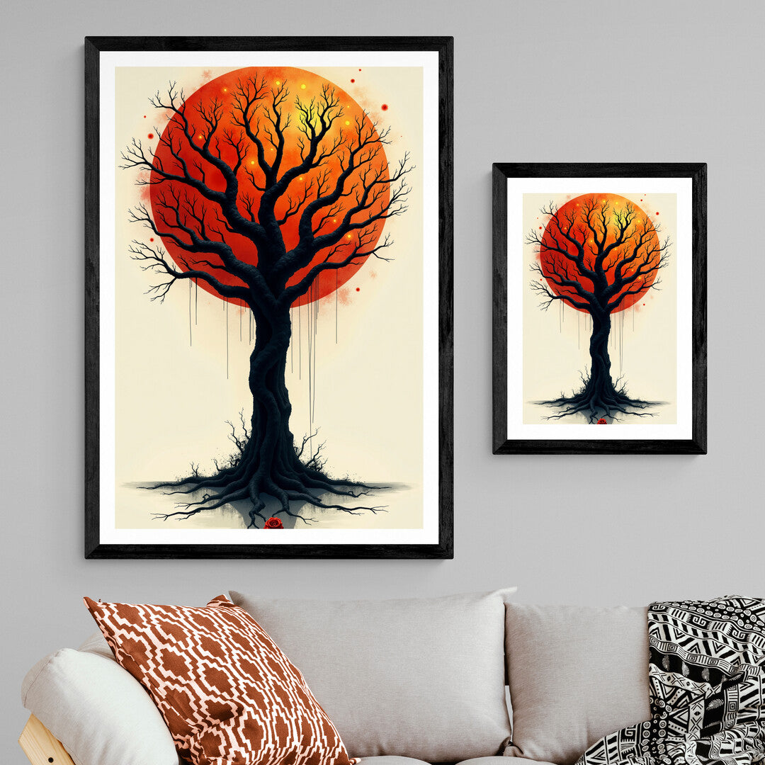 The image depicts a striking, dark, leafless tree with gnarled, twisted branches extending outward against a large, vivid, red-orange sun that dominates the background. The contrast between the black tree and the fiery sun creates a stark and haunting atmosphere.