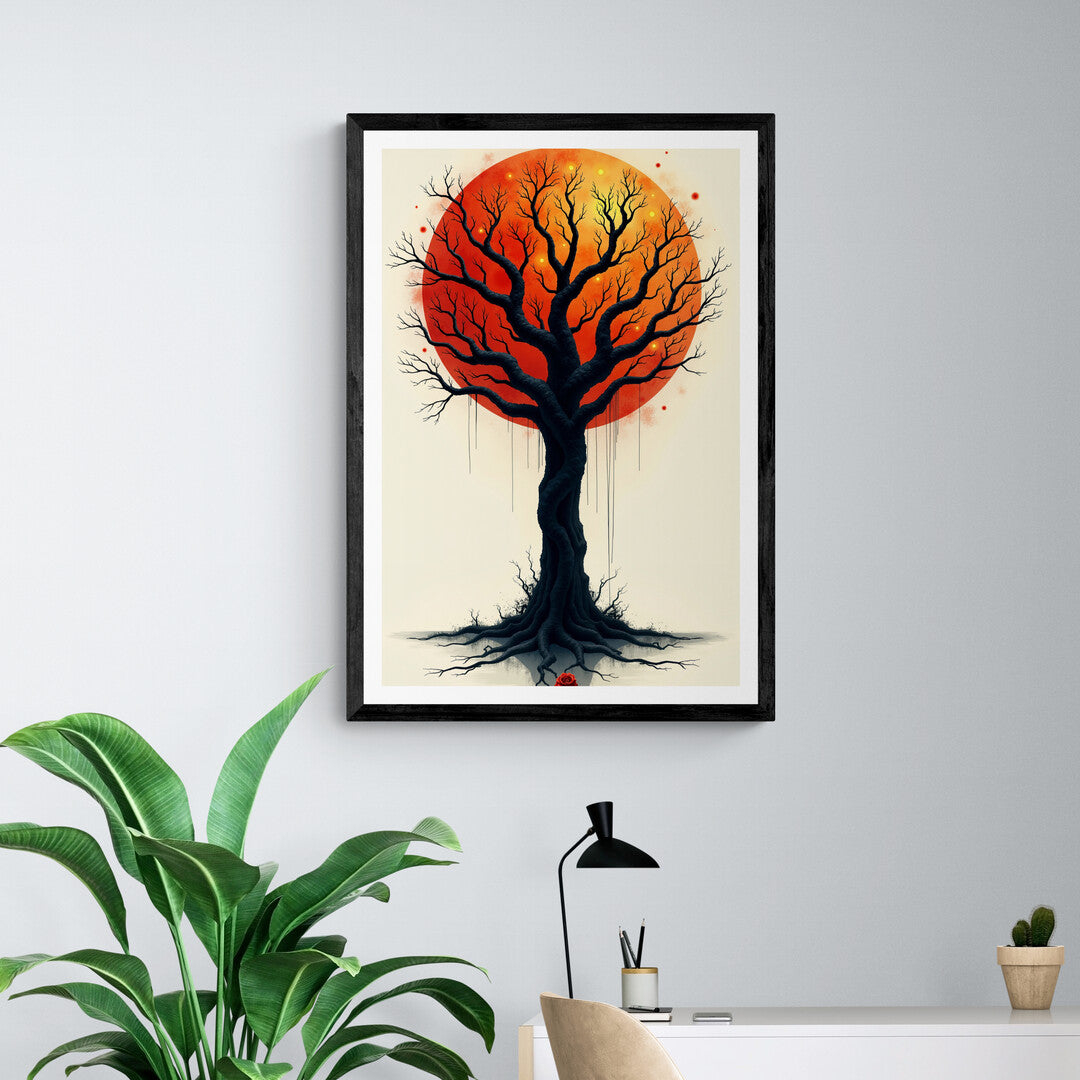 The image depicts a striking, dark, leafless tree with gnarled, twisted branches extending outward against a large, vivid, red-orange sun that dominates the background. The contrast between the black tree and the fiery sun creates a stark and haunting atmosphere.