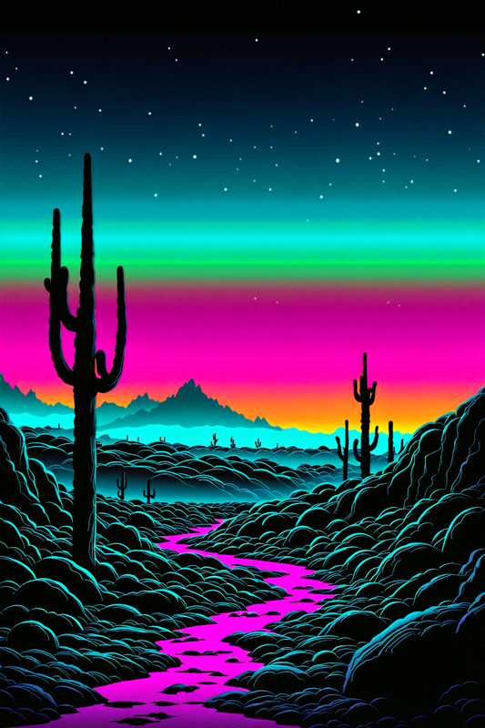 In a surreal and captivating scene, the picture showcases a desert landscape bathed in a neon glow. This futuristic and otherworldly depiction transforms the natural arid environment into a vibrant, electric wonderland.