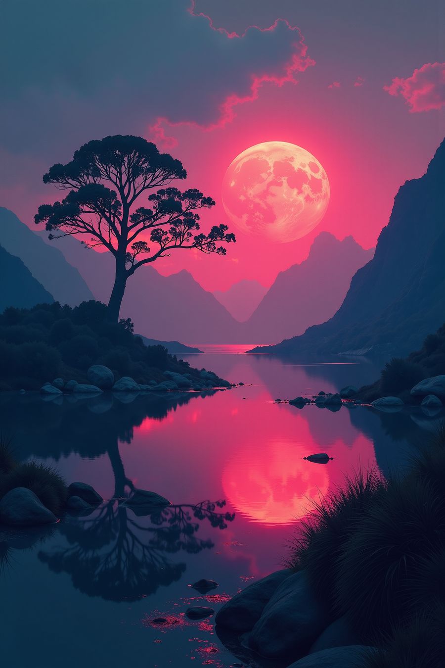 Dreamscape under a rose-hued moon with a tree silhouette reflected in a tranquil lake - perfect for premium art prints and wall art