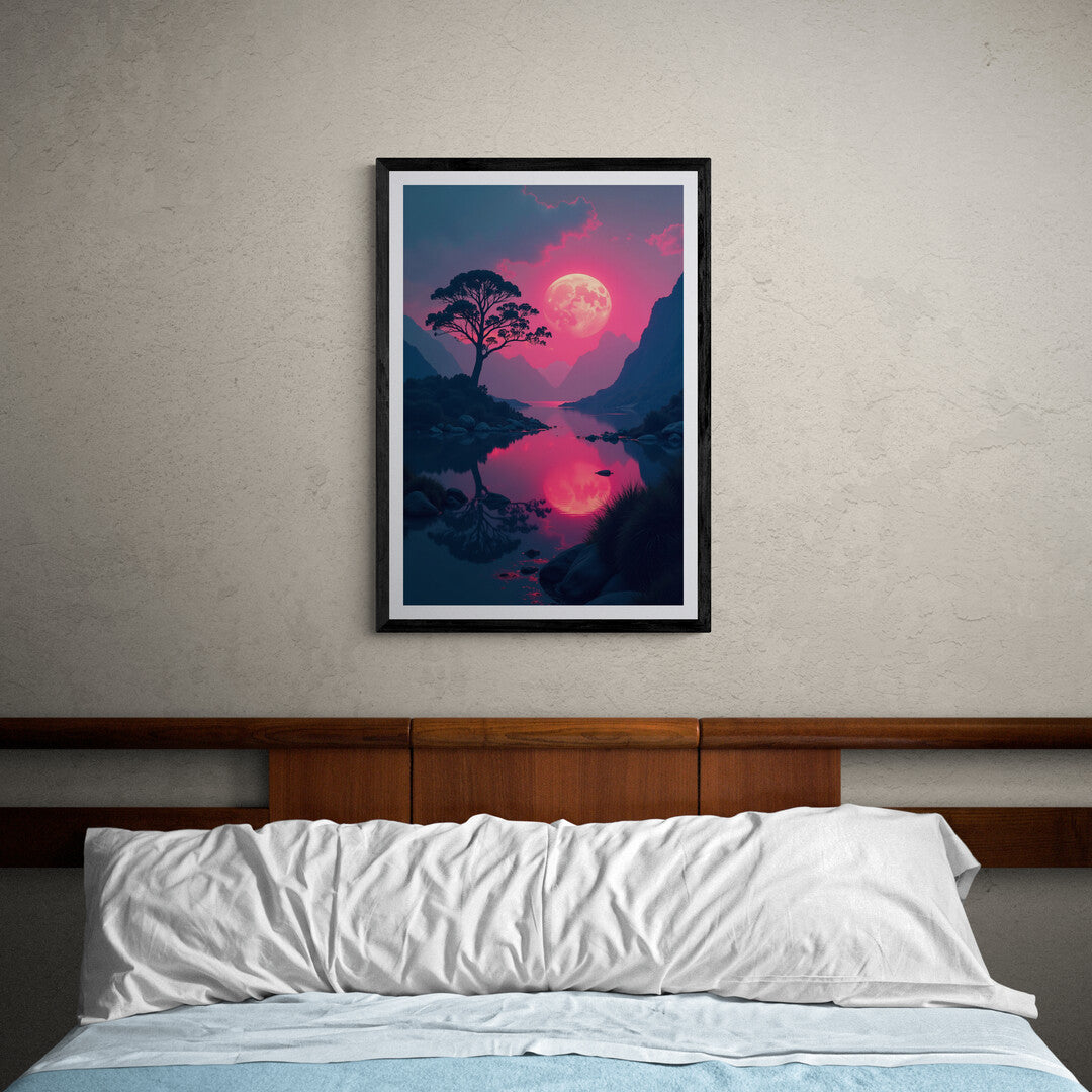 Surreal pink moonlit landscape ideal for home decor and premium posters available to shop online