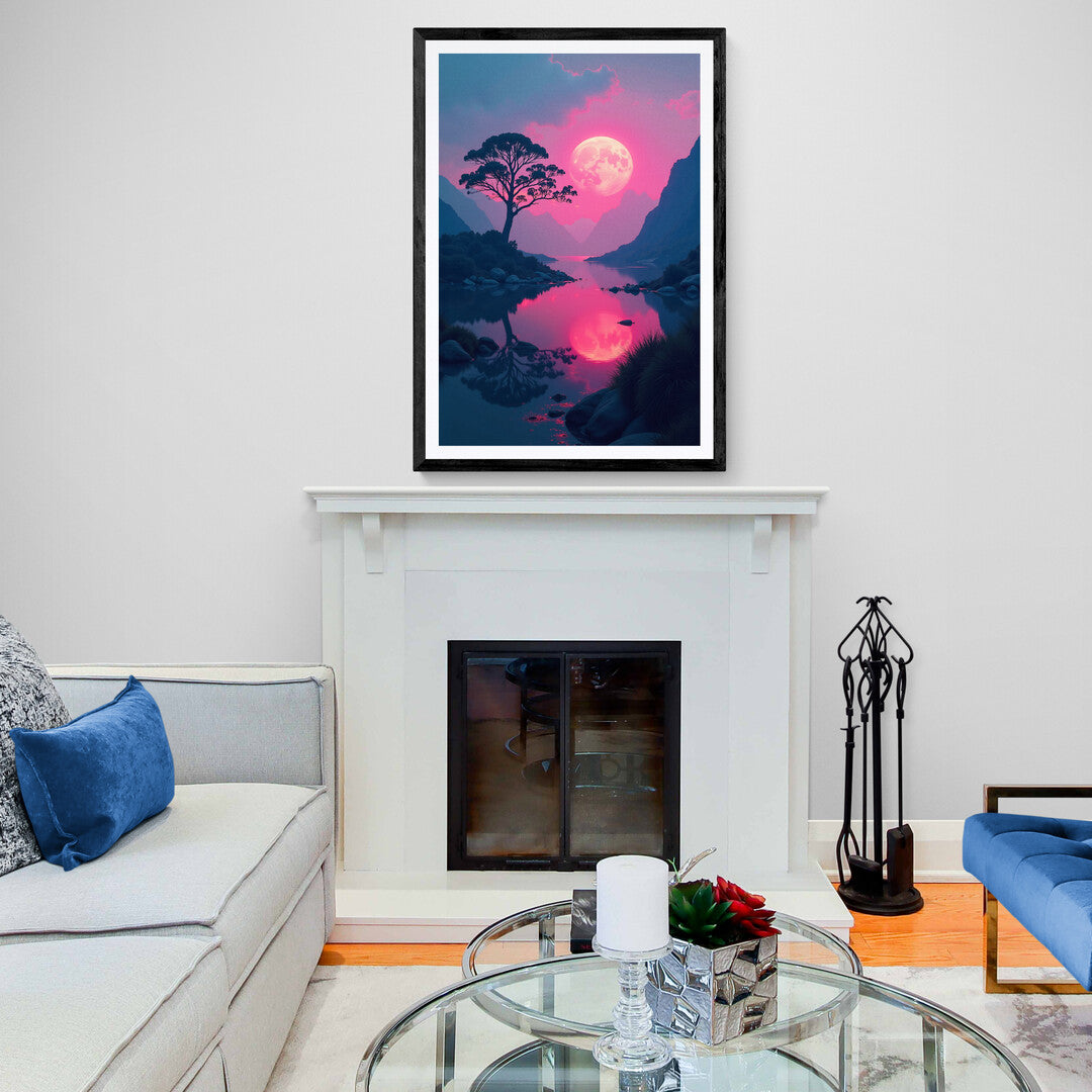 Ethereal rose moon over a peaceful lake surrounded by mountains, perfect for enhancing home decor with premium posters