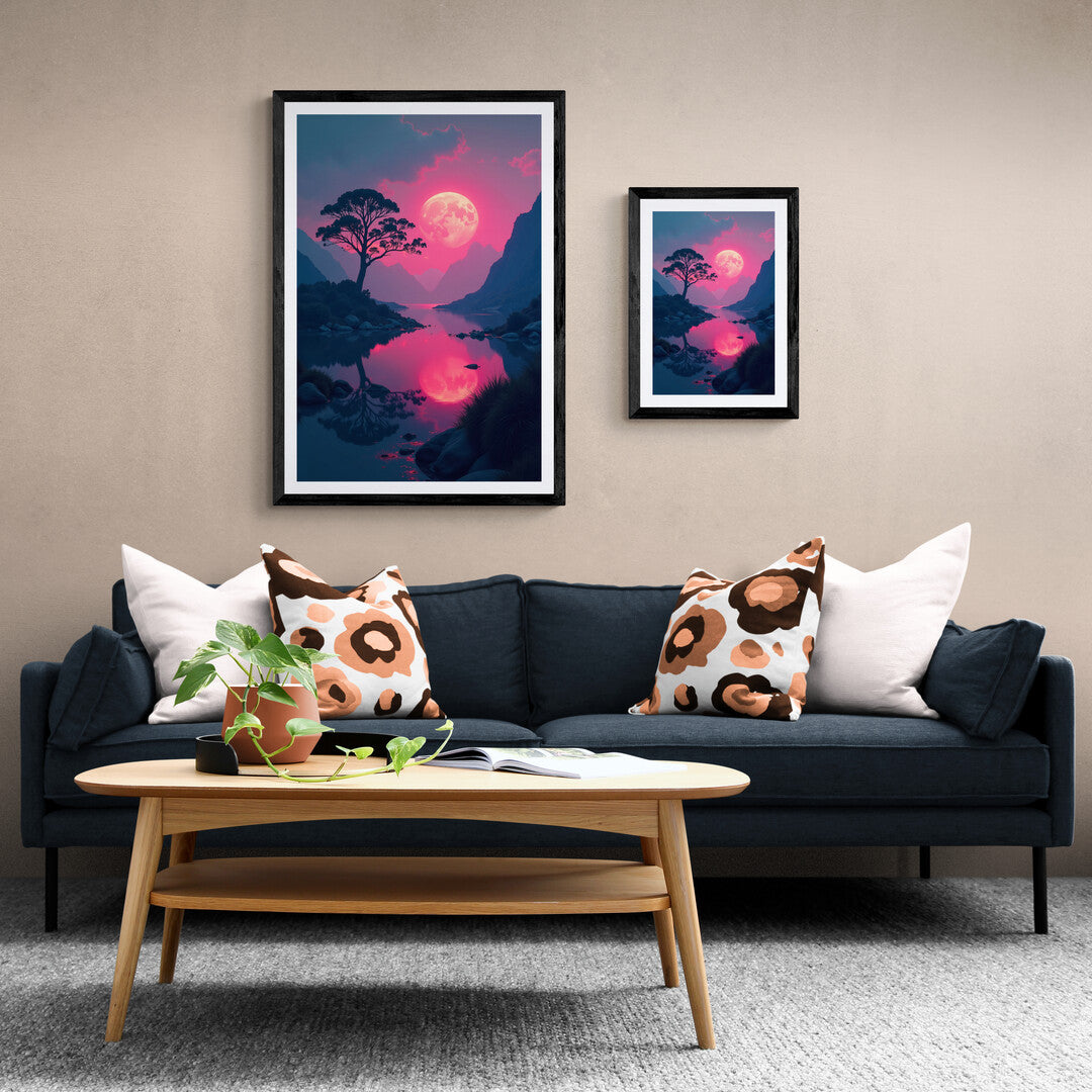 Lone tree under a glowing pink moon with serene reflections, a captivating choice for wall art and art prints