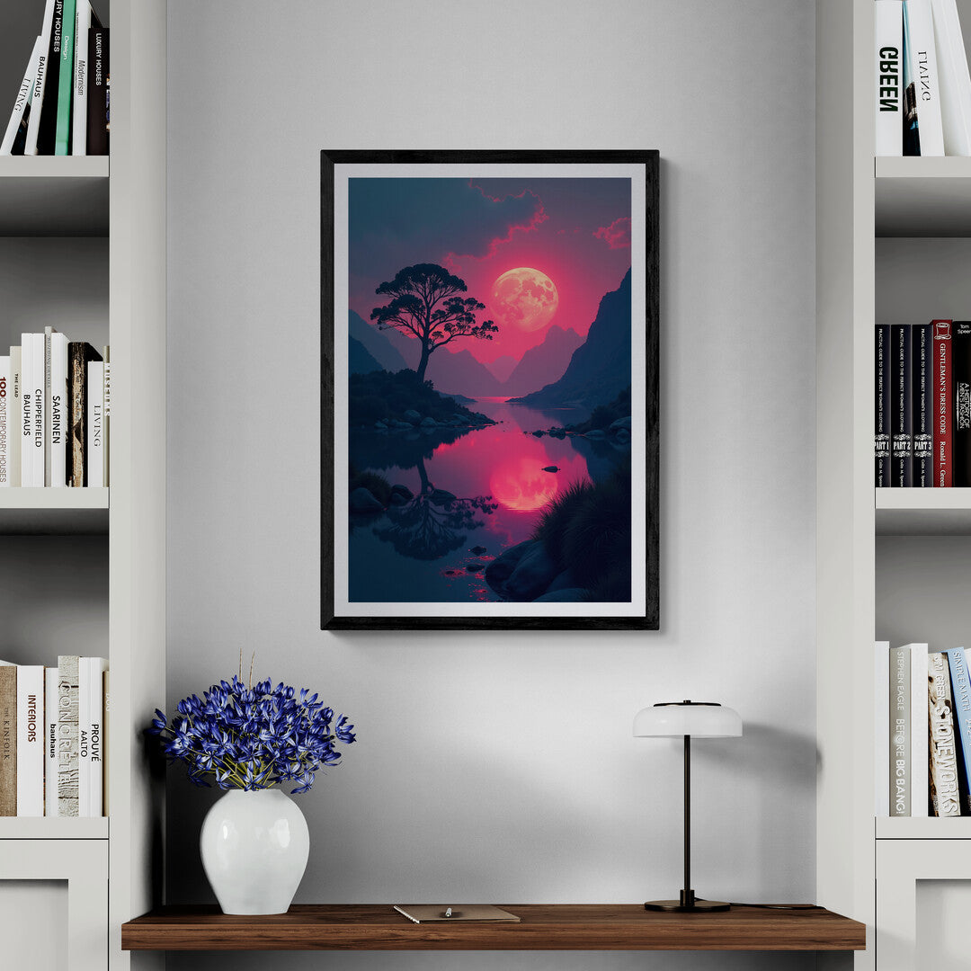 Dreamlike landscape featuring a luminous pink moon and reflective waters, designed for art prints and wall art lovers