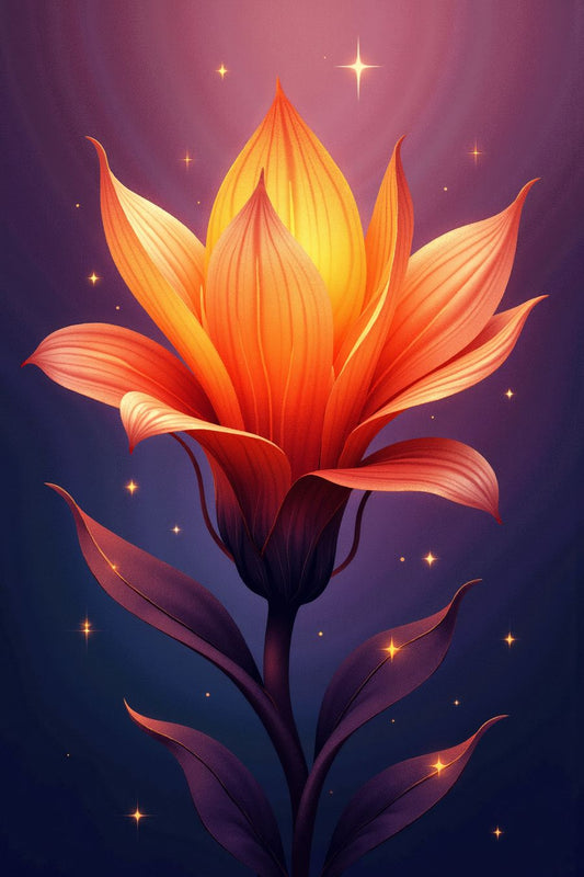 In the image, a radiant flower blooms with fiery grace, its petals unfurling like the soft embrace of a sunset. Each petal glows with hues of vibrant orange and gold, as though kissed by the first light of dawn. The petals stretch upward, slender and elegant, reaching for the heavens, while their edges curl gently, capturing the warmth of an inner flame.