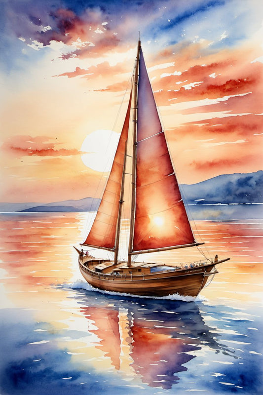 Sailboat drifting into the sunset with vibrant orange and blue sky - premium wall art poster