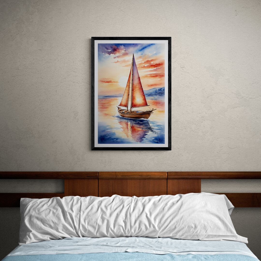 Serene sunset sailboat art print for home decor, perfect for living room or office wall art