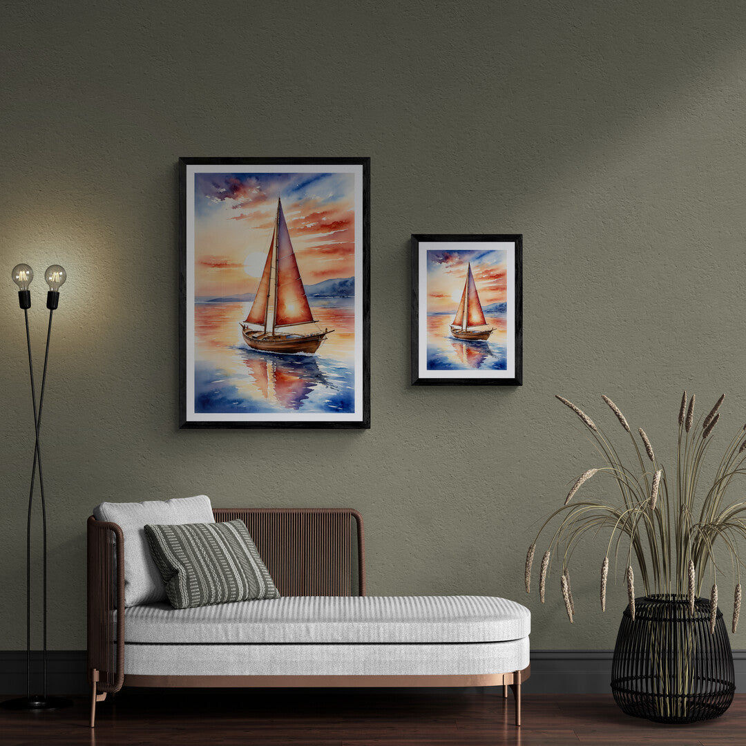 Elegant sailboat gliding on calm water at sunset - shop premium posters for home decor