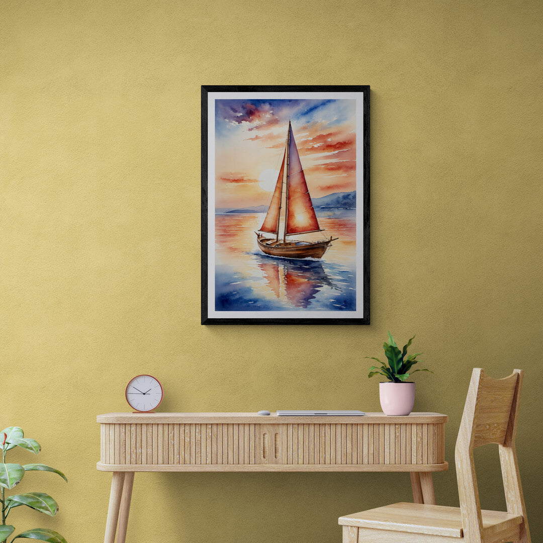 Tranquil sailboat at sunset poster - art print for adding warmth and peace to any space