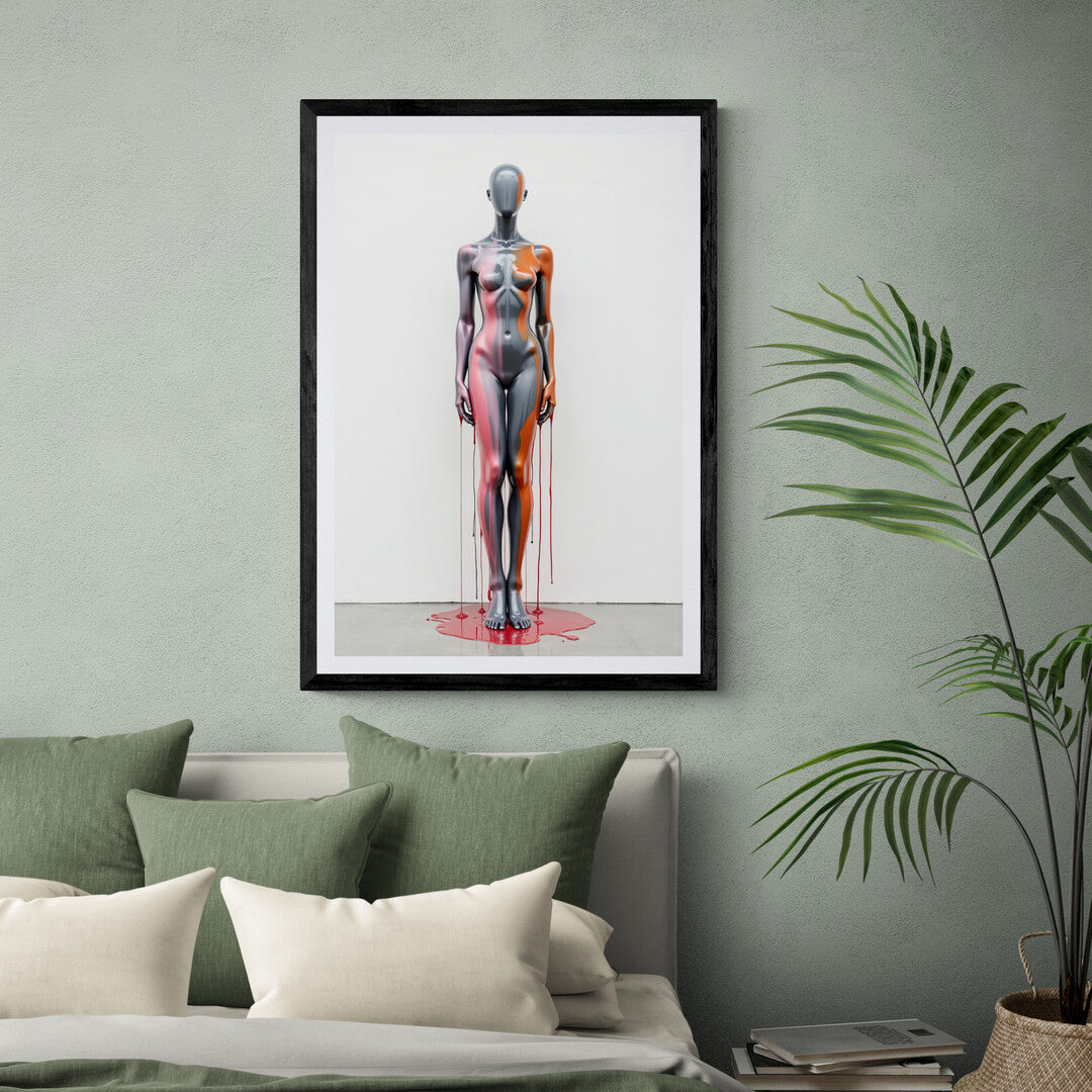 Bold and elegant art print of a painted mannequin with dripping colors, perfect for premium wall art and contemporary interiors