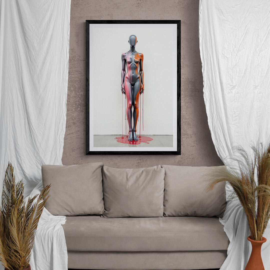 Premium poster of a mannequin figure with dripping paint design in red and black tones for unique home and office decor