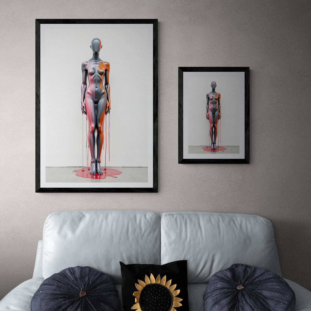 Abstract wall art of a mannequin with fluid paint drips, ideal for stylish home decor and modern art enthusiasts