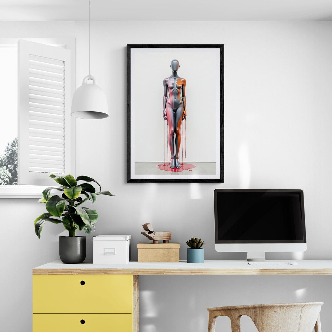 Modern art print showcasing a painted mannequin with vibrant, dripping colors for statement wall art and premium home decoration