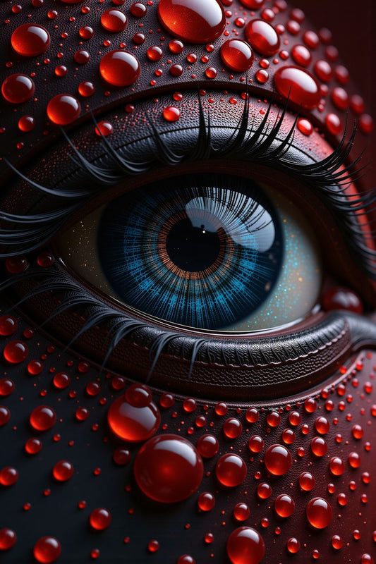 Close-up of a vibrant blue eye surrounded by red droplets, perfect for premium art prints and modern wall art