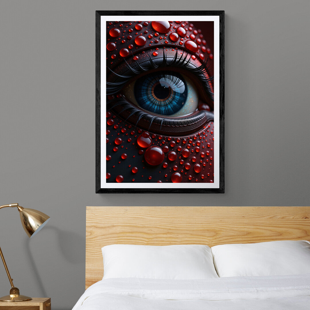 Abstract surreal artwork featuring a striking eye and crimson details, ideal for home decor and online wall art shopping