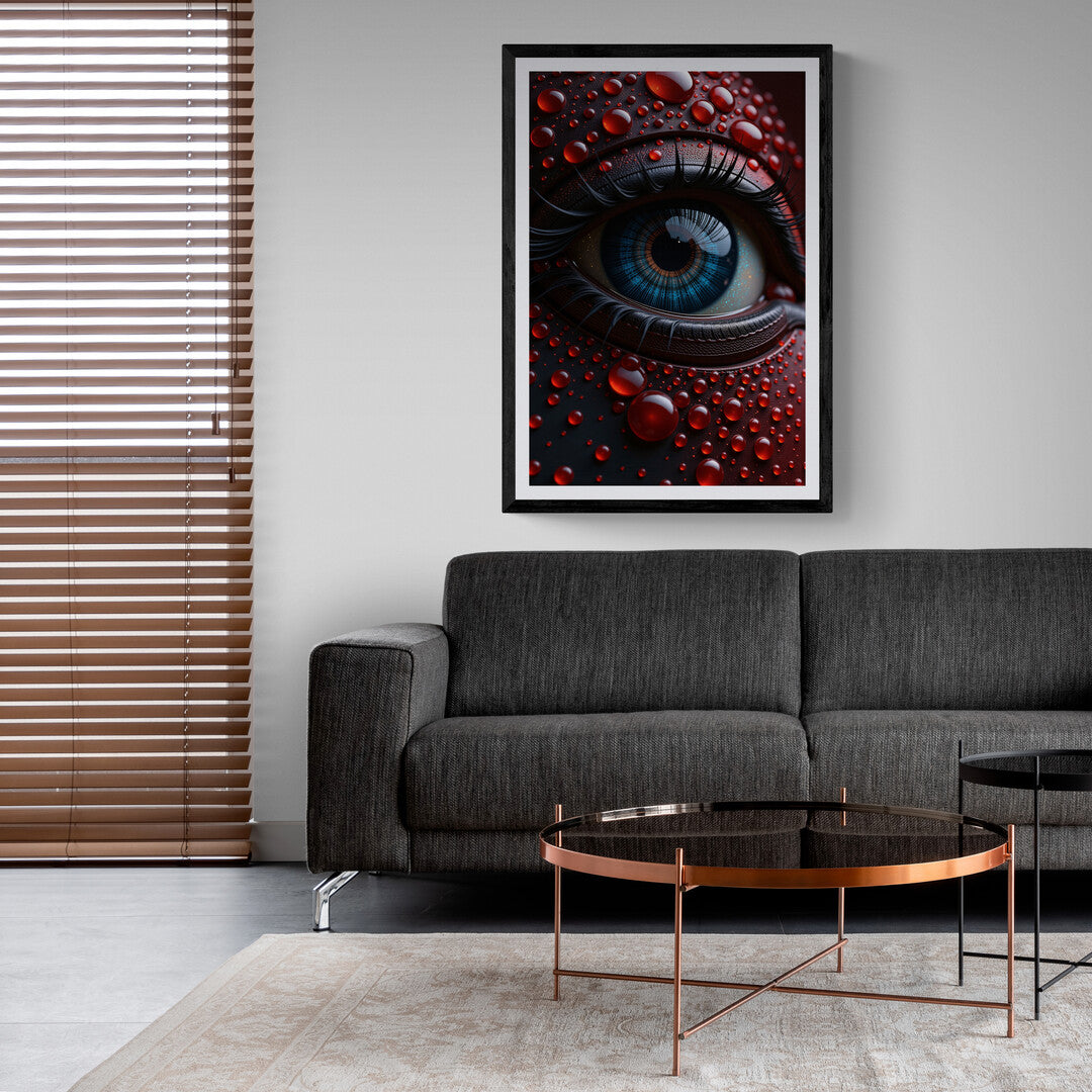 Premium poster of a blue eye with radiant red droplets, a captivating choice for wall art enthusiasts.