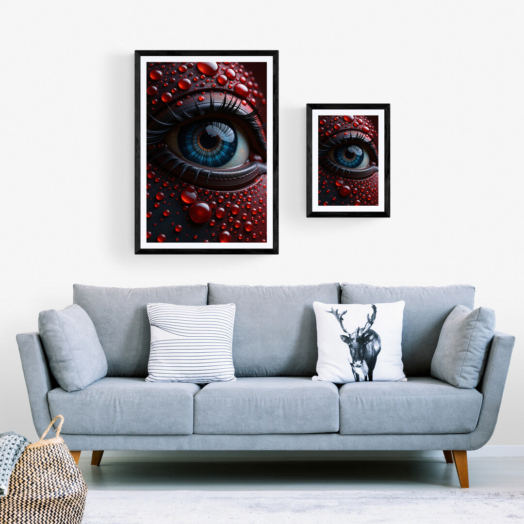 Droplets of Desire art print showcasing intricate eye design with red and blue tones for stylish home decor