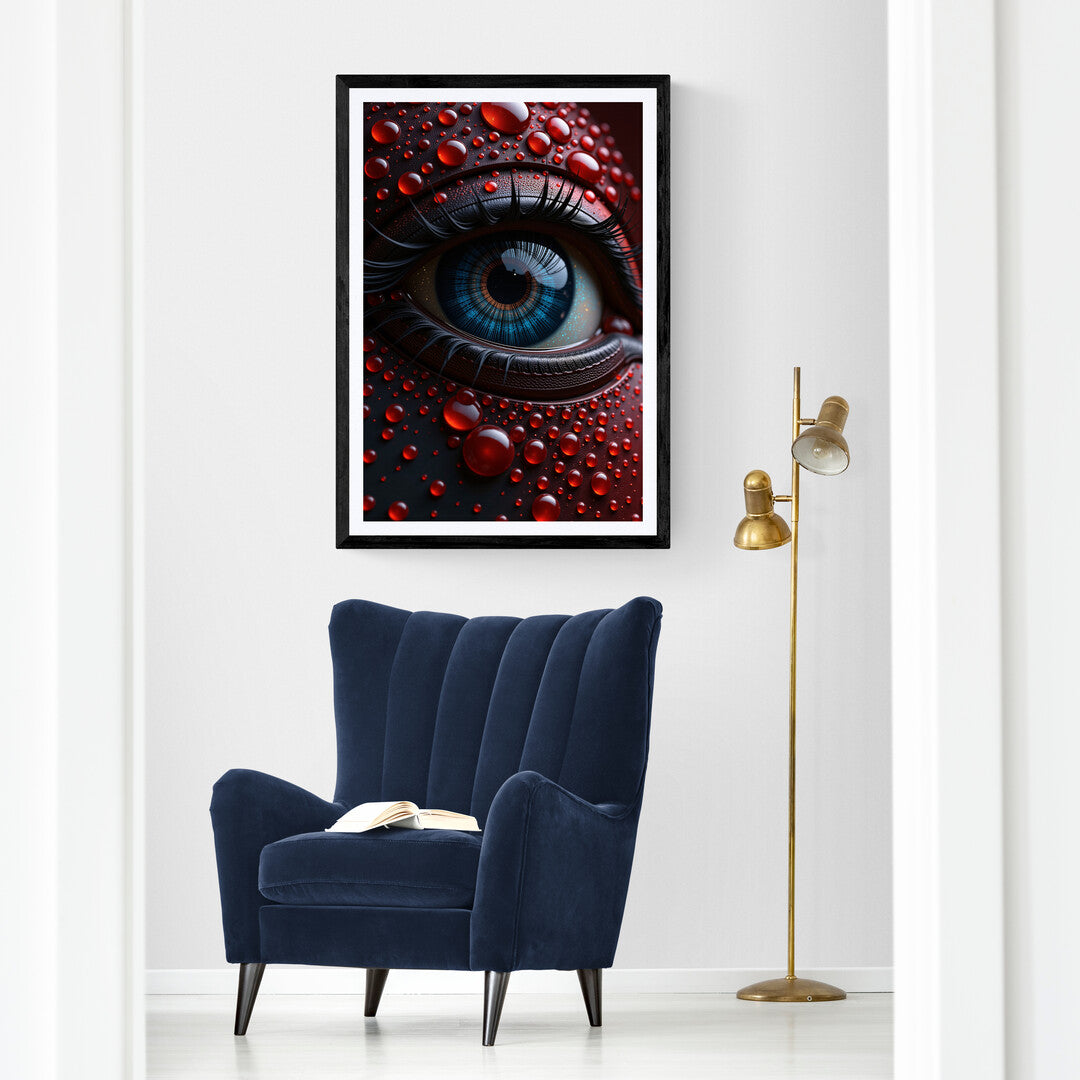 Modern home decor wall art featuring a detailed close-up of an eye with red accents for a unique aesthetic