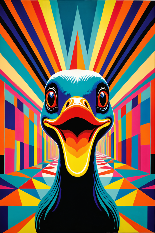 In a bold and whimsical scene, the picture features a "duckcore" theme rendered in the vibrant Fauvism pop art style. This eclectic and lively artwork combines the exaggerated colors and forms of Fauvism with the playful and quirky elements of pop art, creating a unique and eye-catching composition.