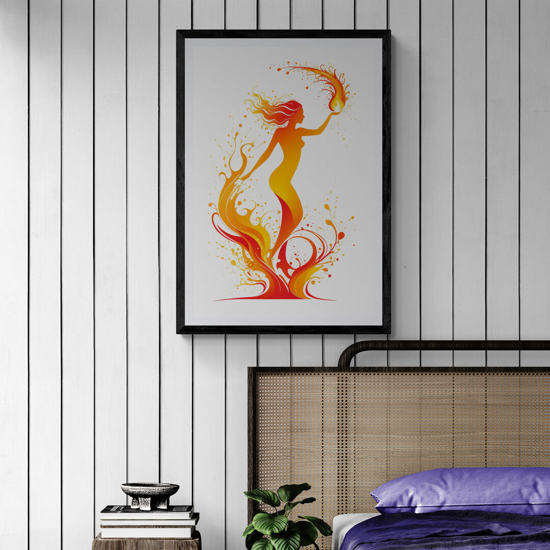 In a dramatic and captivating scene, the picture features a dynamic splash of fire. The artwork captures the intense energy and fluidity of flames, rendered with vibrant colors and expressive movement.