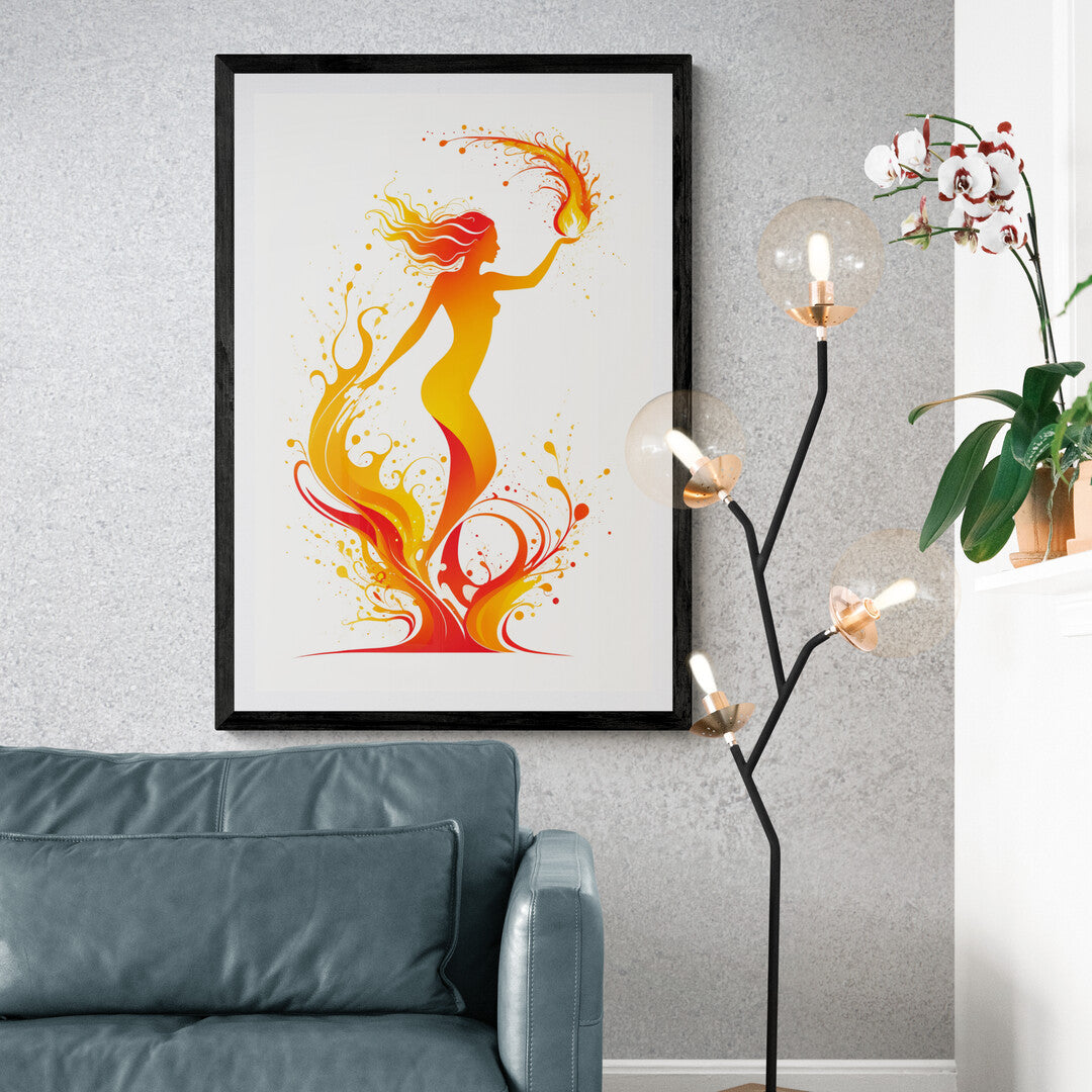 In a dramatic and captivating scene, the picture features a dynamic splash of fire. The artwork captures the intense energy and fluidity of flames, rendered with vibrant colors and expressive movement.