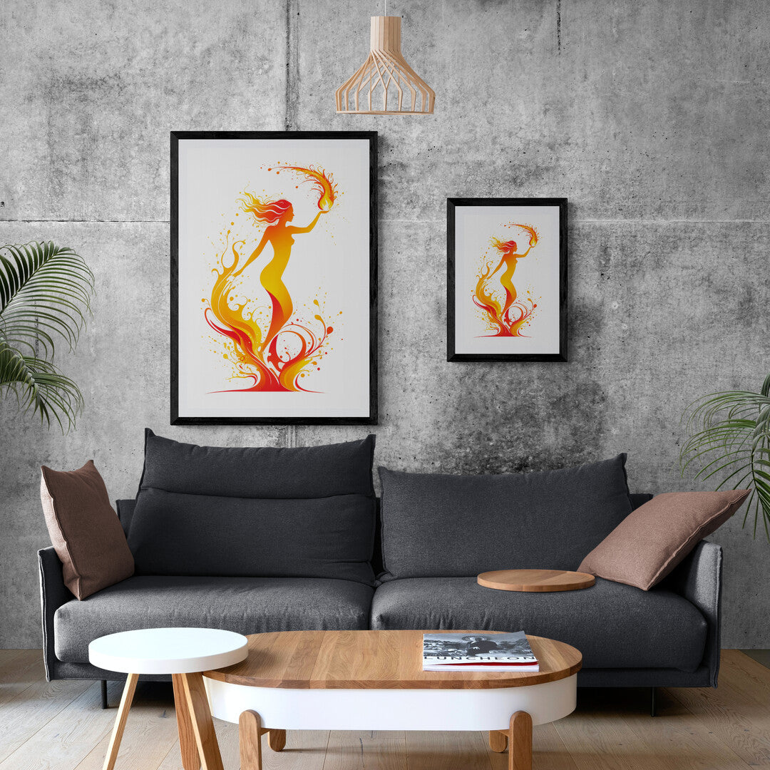 In a dramatic and captivating scene, the picture features a dynamic splash of fire. The artwork captures the intense energy and fluidity of flames, rendered with vibrant colors and expressive movement.