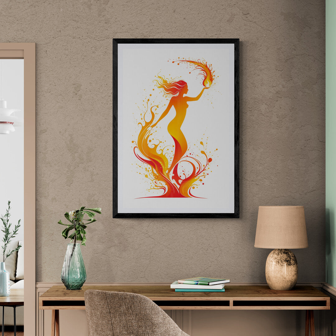 In a dramatic and captivating scene, the picture features a dynamic splash of fire. The artwork captures the intense energy and fluidity of flames, rendered with vibrant colors and expressive movement.