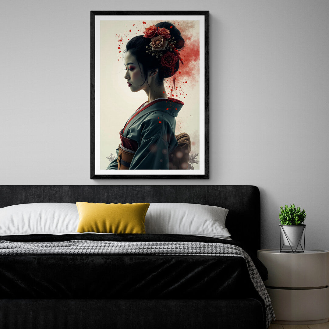 Traditional-inspired art print featuring a serene woman in a kimono, ideal for modern home decor