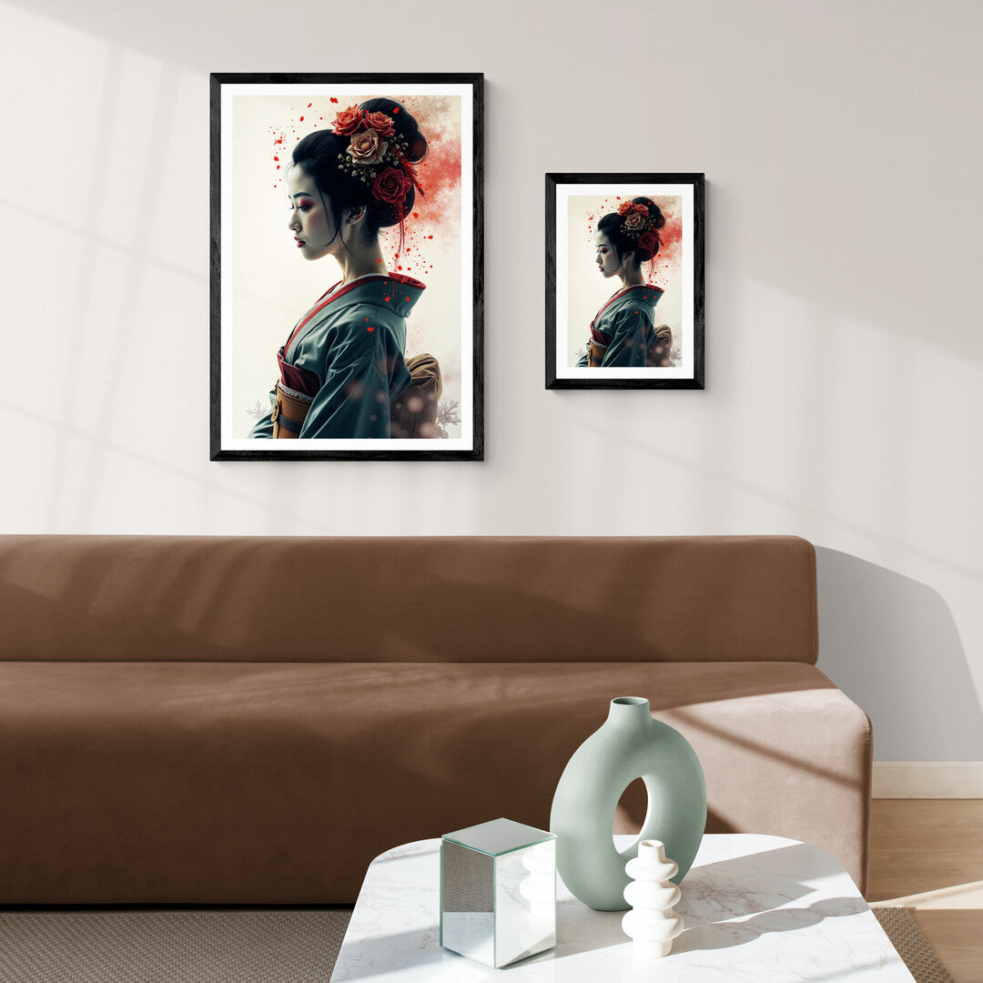 Echoes of Tradition premium poster showcasing a timeless design with red floral accents.