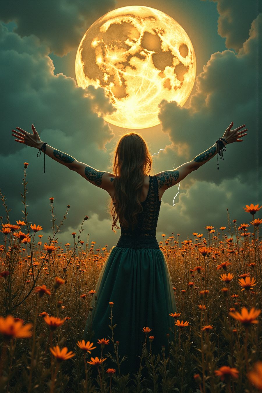 Woman embracing the glowing full moon in a golden flower field, perfect for celestial-themed art prints and home décor