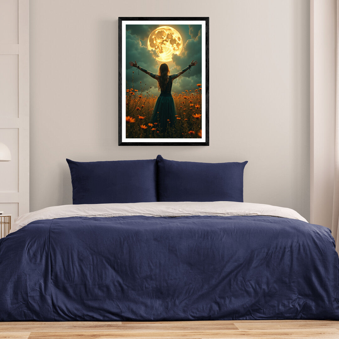 Enchanting wall art featuring a mystical figure under a radiant moon, ideal for premium posters and home décor enthusiasts