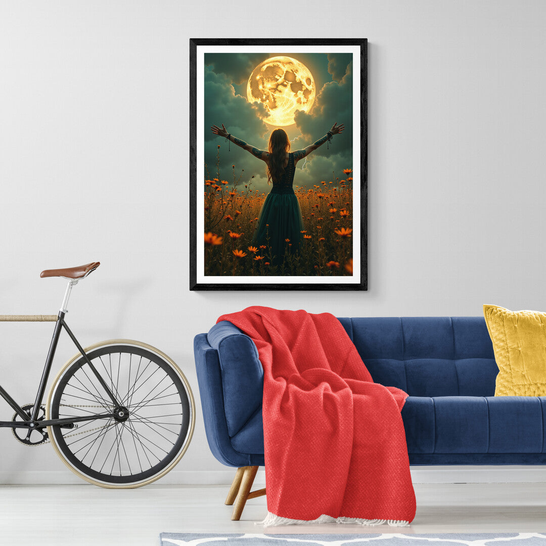 Moonlit scene with a woman raising her arms in a golden flower field, perfect for celestial wall art and art prints to shop online