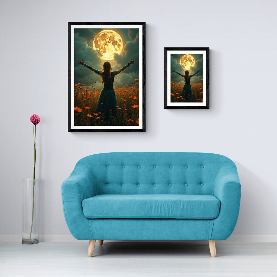 Nature-inspired art print of a woman in a floral field with a luminous full moon, available as premium wall art for home décor