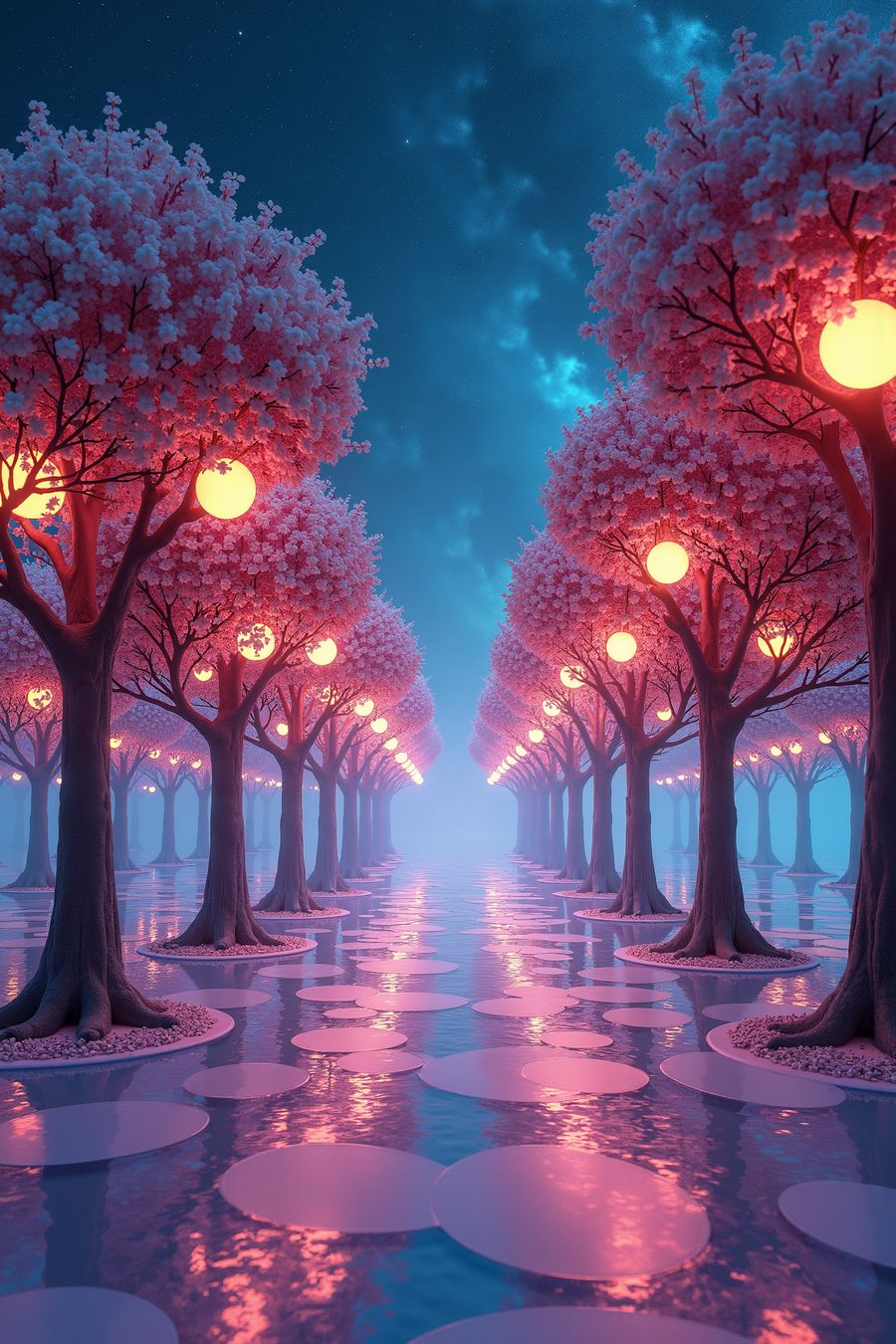 Enchanted Lane of Eternal Glow wall art featuring glowing lanterns and cherry blossom trees, perfect for premium posters and home décor