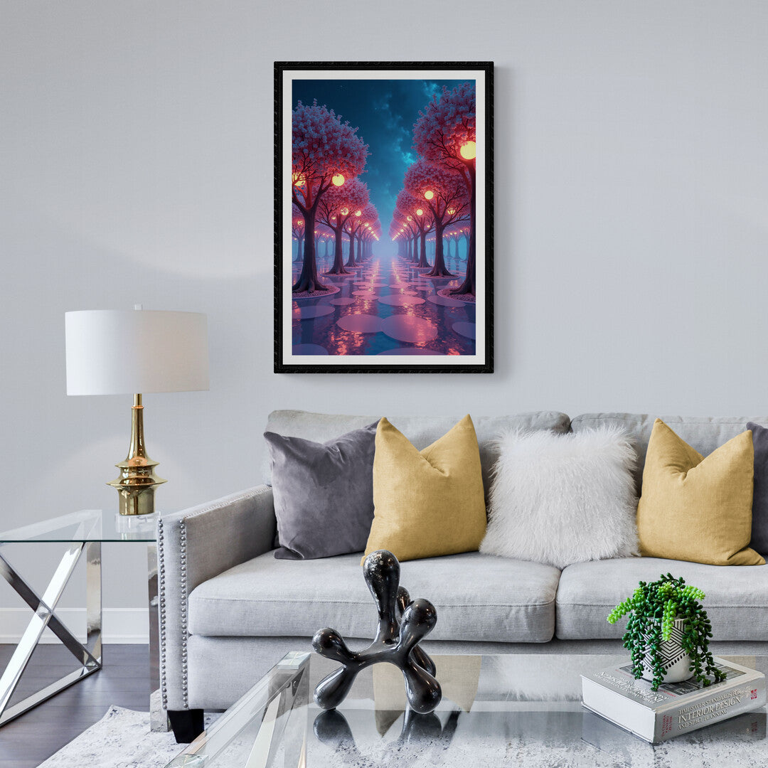 Surreal enchanted lane with lantern-lit trees, a perfect choice for art prints and home décor enthusiasts shopping online