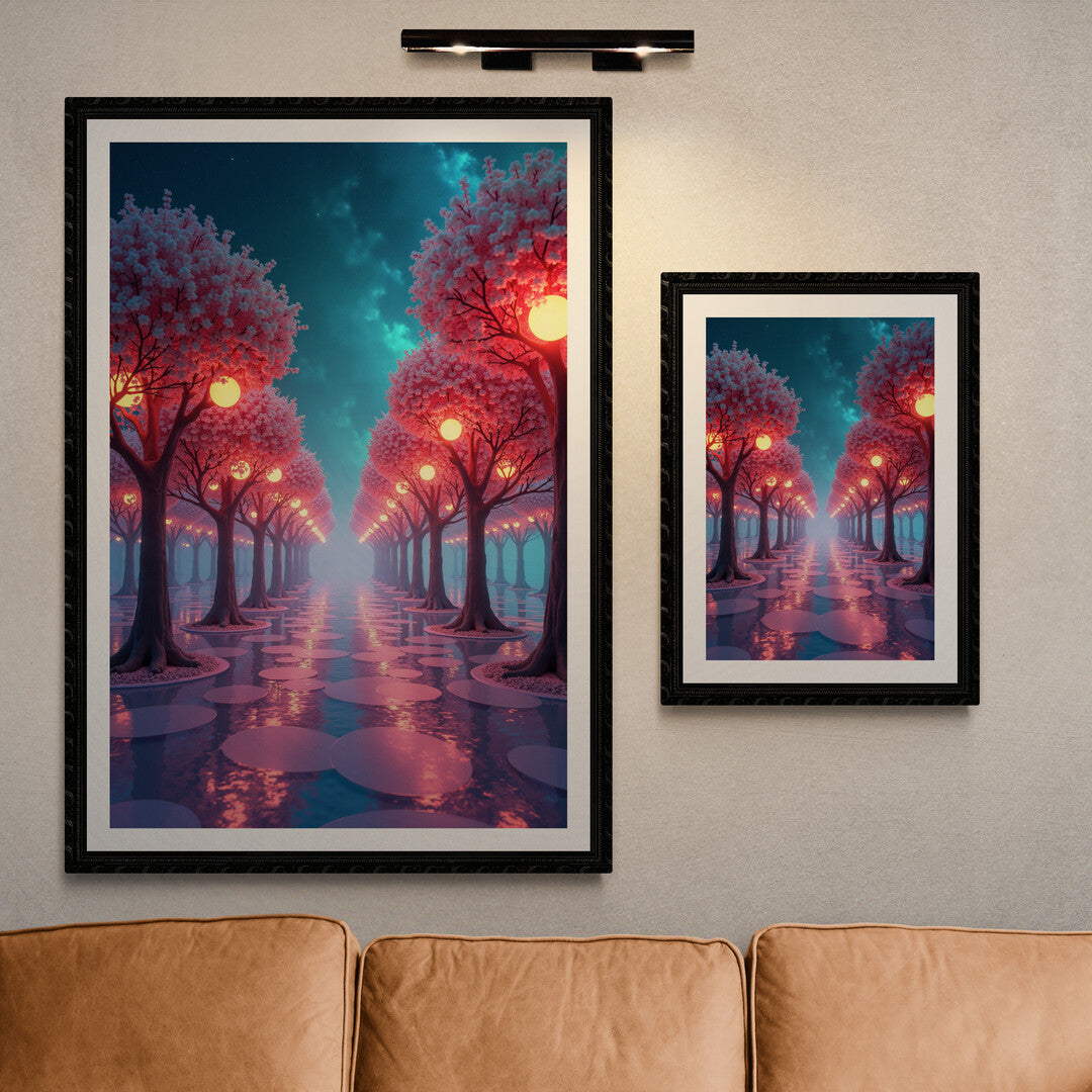 Dreamy cherry blossom walkway with glowing lights reflected on water, ideal for wall art and premium posters to elevate your space