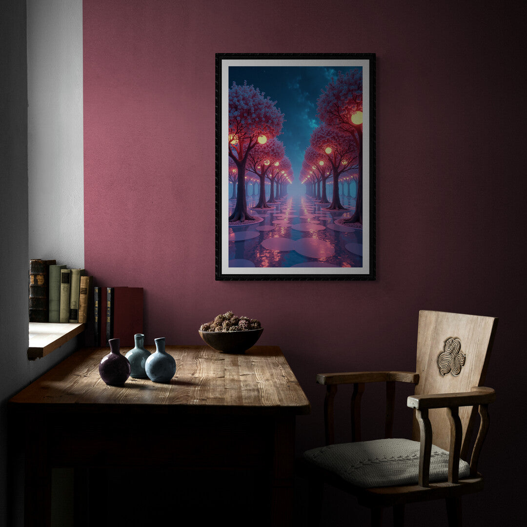 Stunning wall art of a glowing cherry blossom pathway, perfect for premium posters to transform your living space into a serene escape