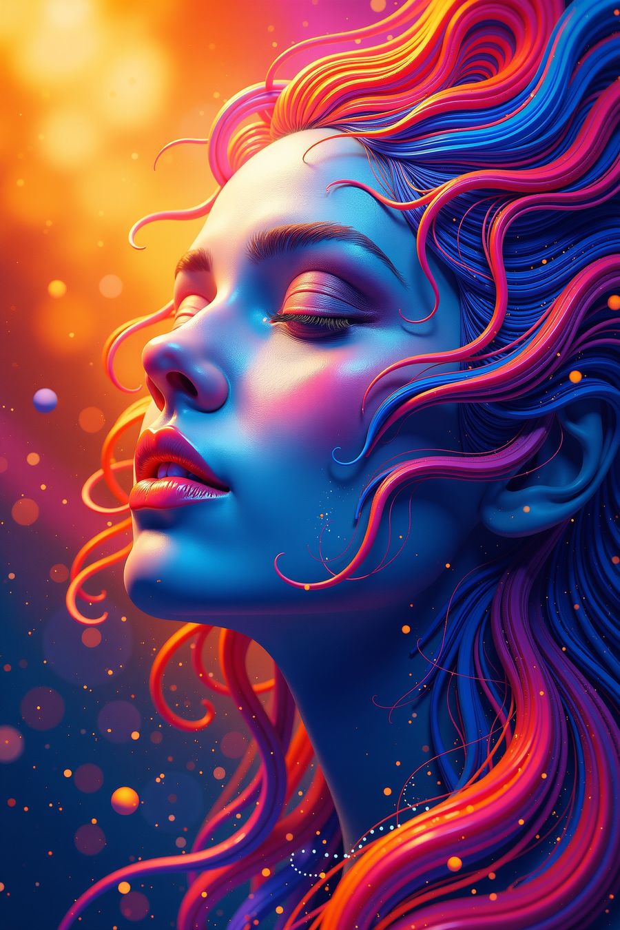 Colorful surreal woman portrait in neon blue and orange hues, premium art print