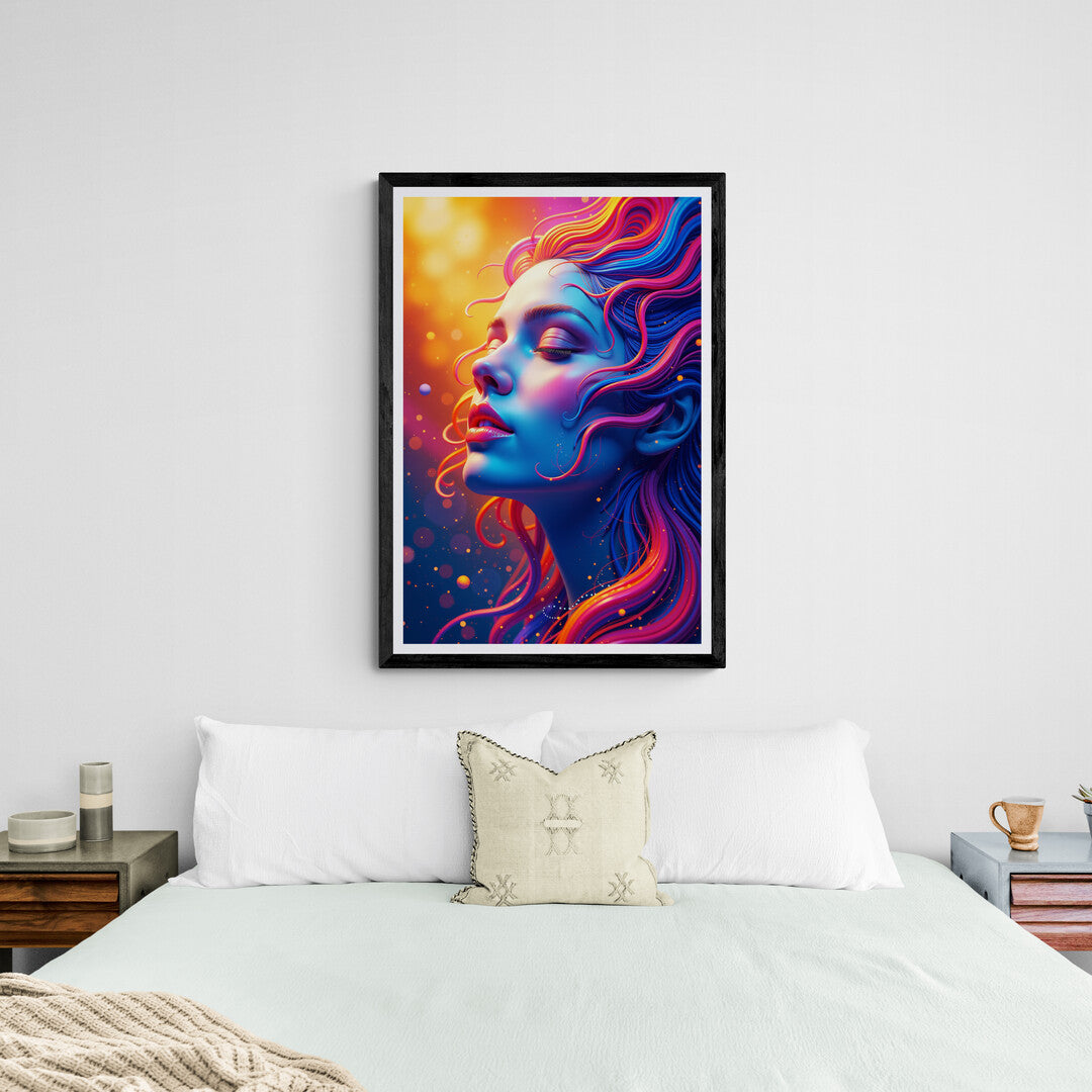 Abstract female face in vibrant colors, neon-inspired wall art for home decor