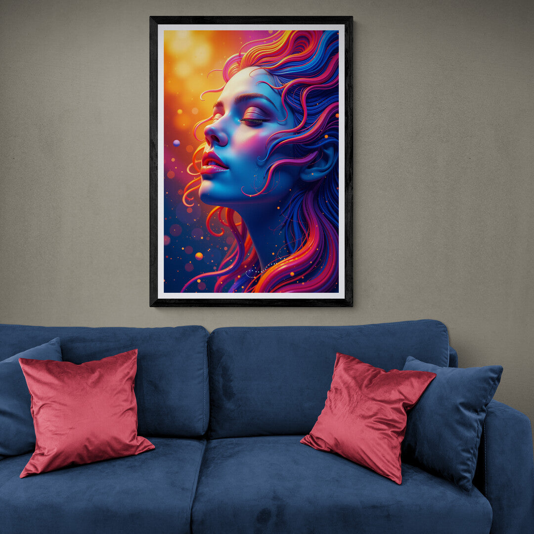 Enchanted neon woman portrait with blue and orange glow, premium poster print