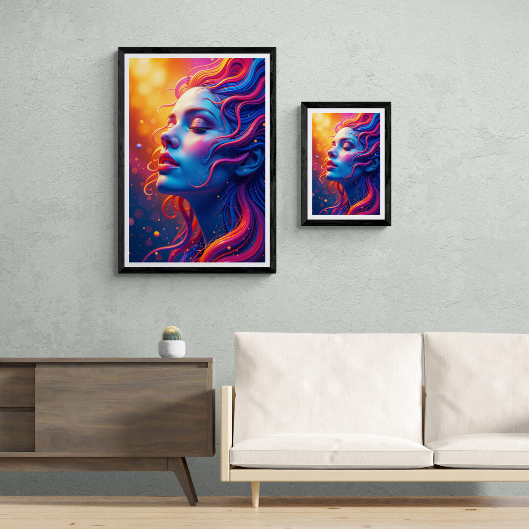 Digital art of a woman with flowing neon hair, perfect for modern wall decor