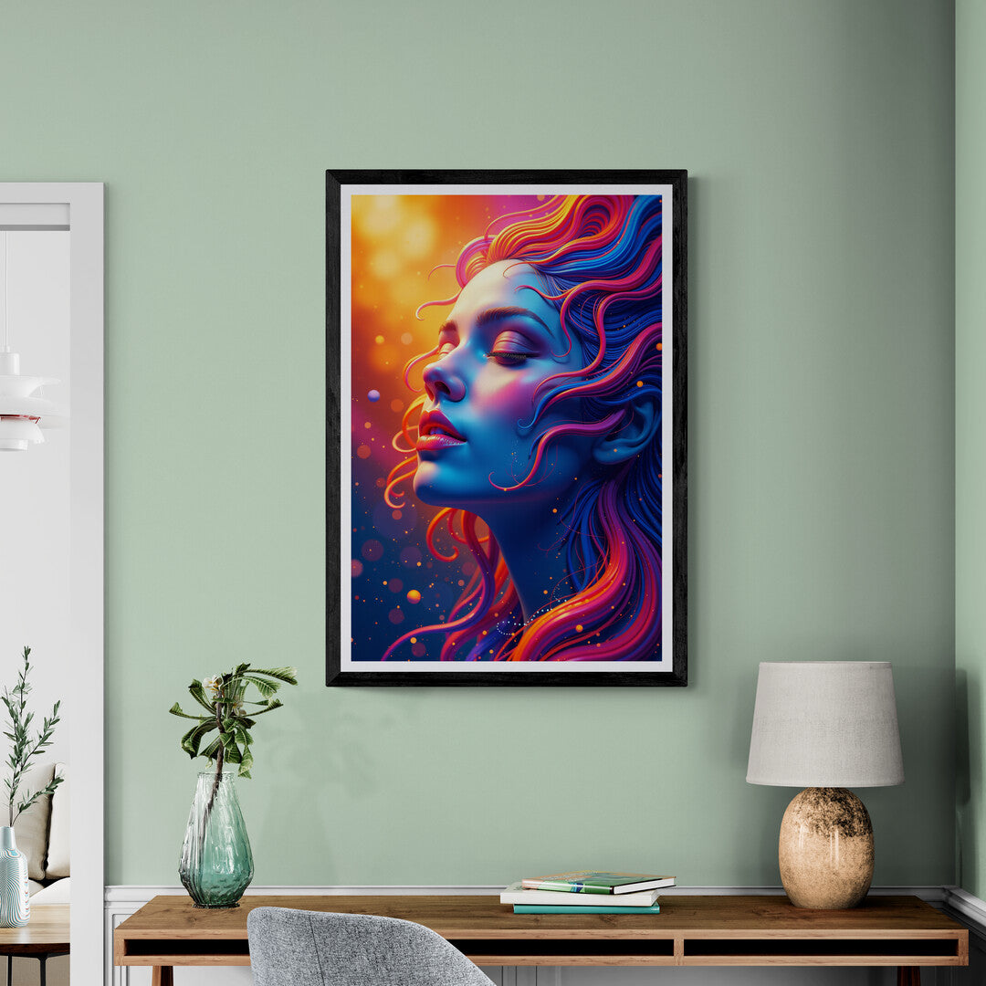 Vibrant surreal artwork of woman with colorful flowing hair, ideal for wall art